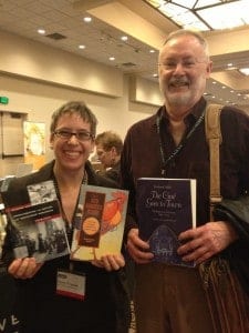 Acquisitions Editor Mary Francis (R) with UC Press author Richard Abel (L)